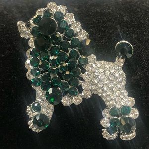 Green and clear Rhinestone Poodle Dog Puppy Animal Brooch Pin in sliver